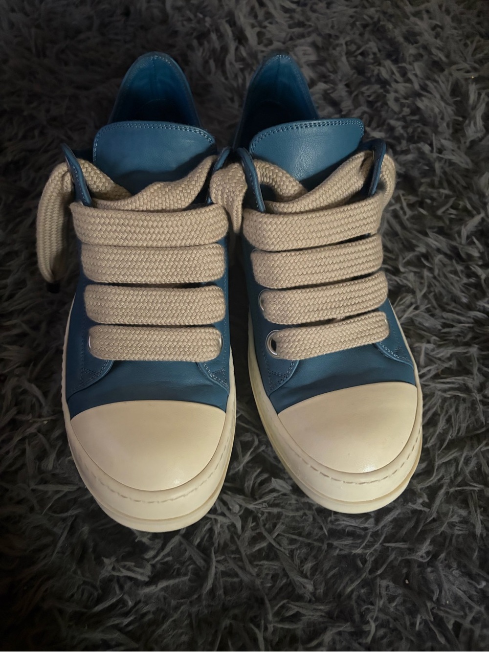 Rick Owens Blue Leather Sneakers with Cream Laces
